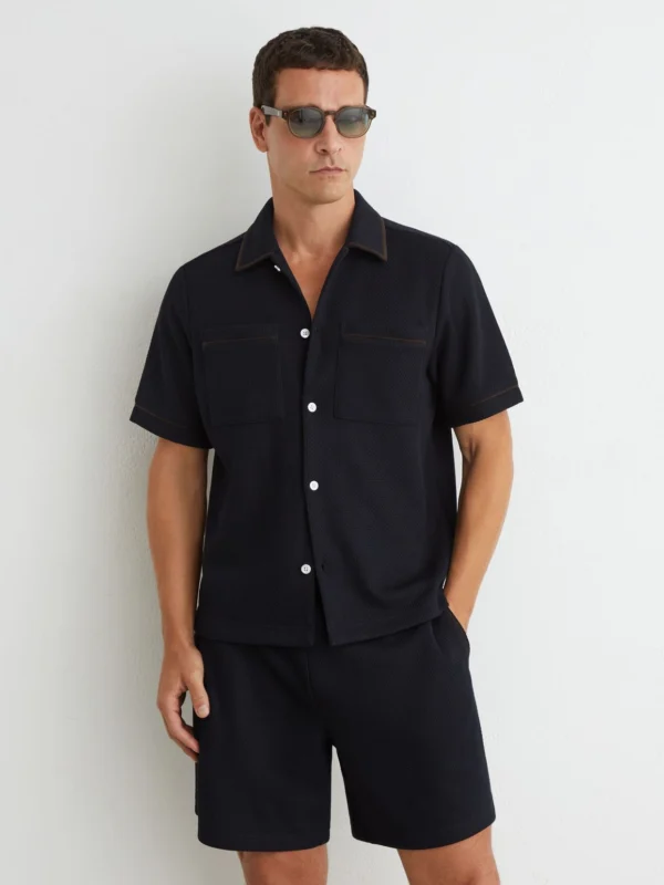 Reiss Navy Textured Piped Short-sleeve Shirt