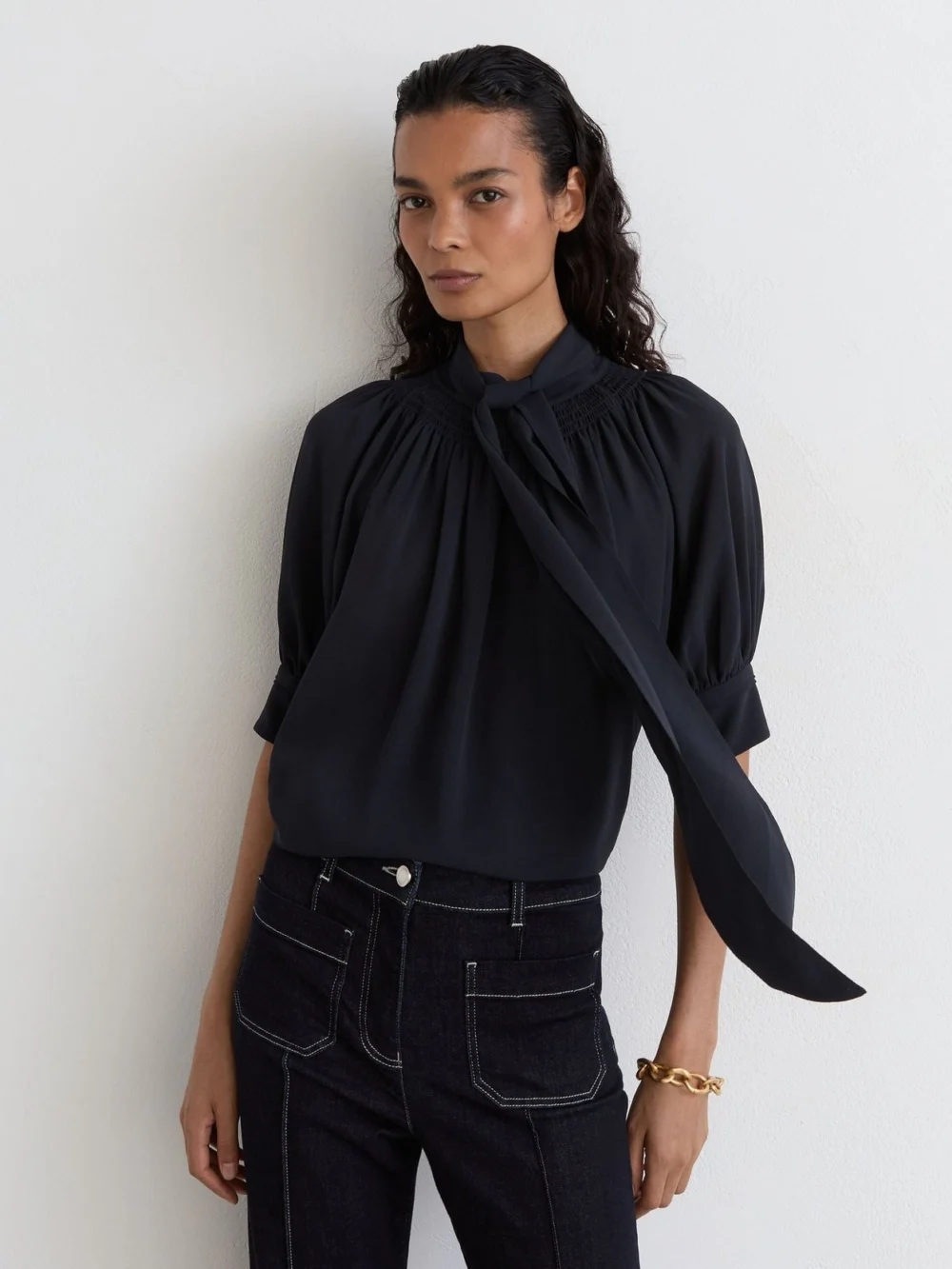 Reiss Navy Tie-neck Short-sleeve Blouse