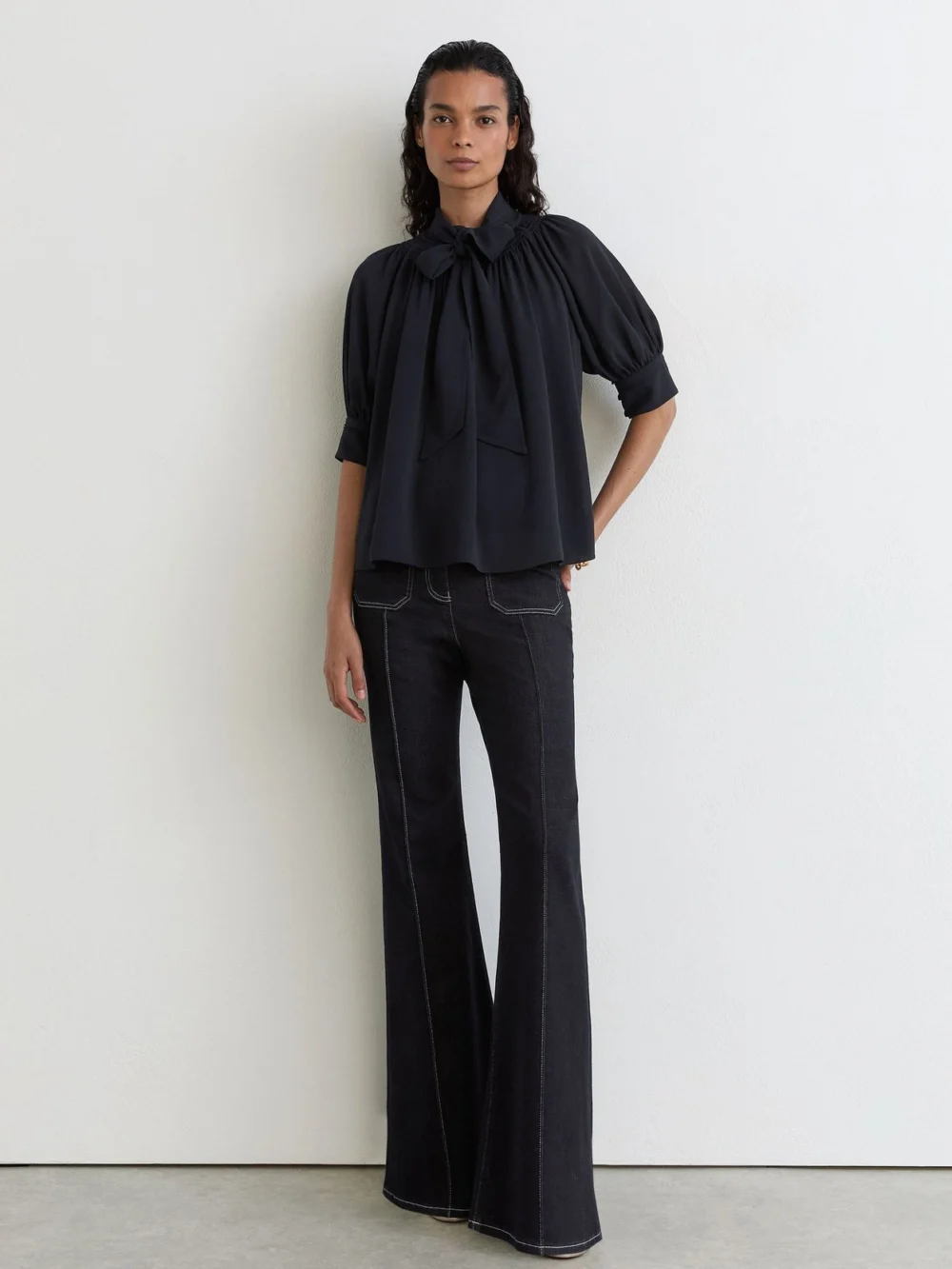 Reiss Navy Tie-neck Short-sleeve Blouse, view 3
