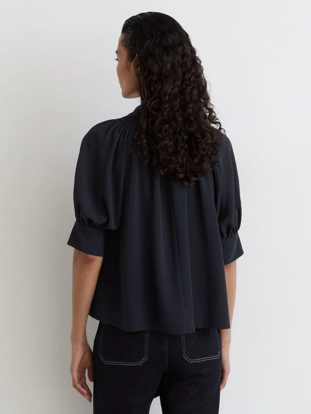 Reiss Navy Tie-neck Short-sleeve Blouse, view 4