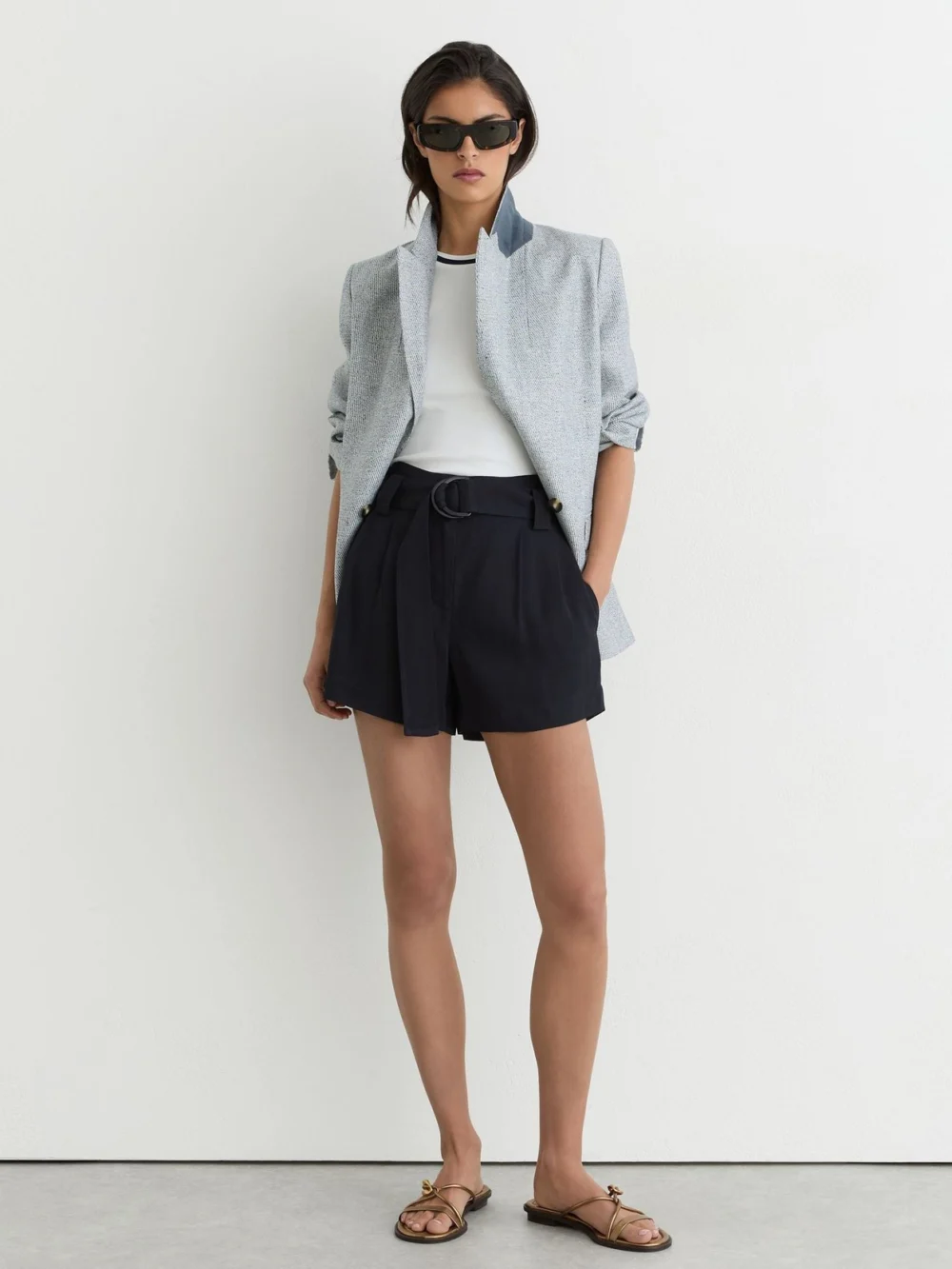 Reiss Navy Twill Belted Relaxed Shorts