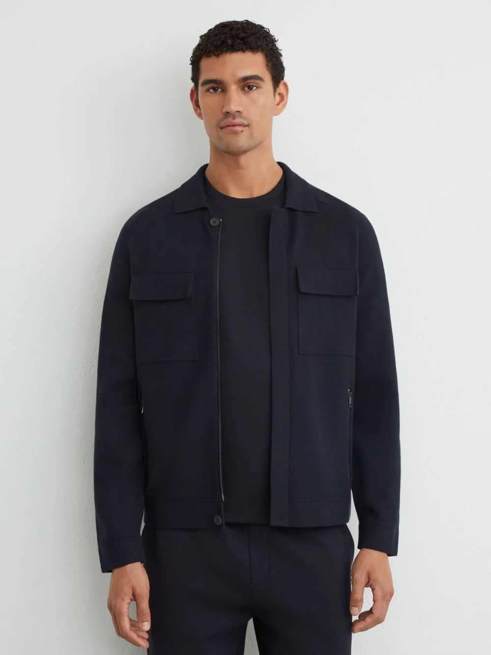 Reiss Navy Twin-pocket Concealed-placket Knitted Jacket