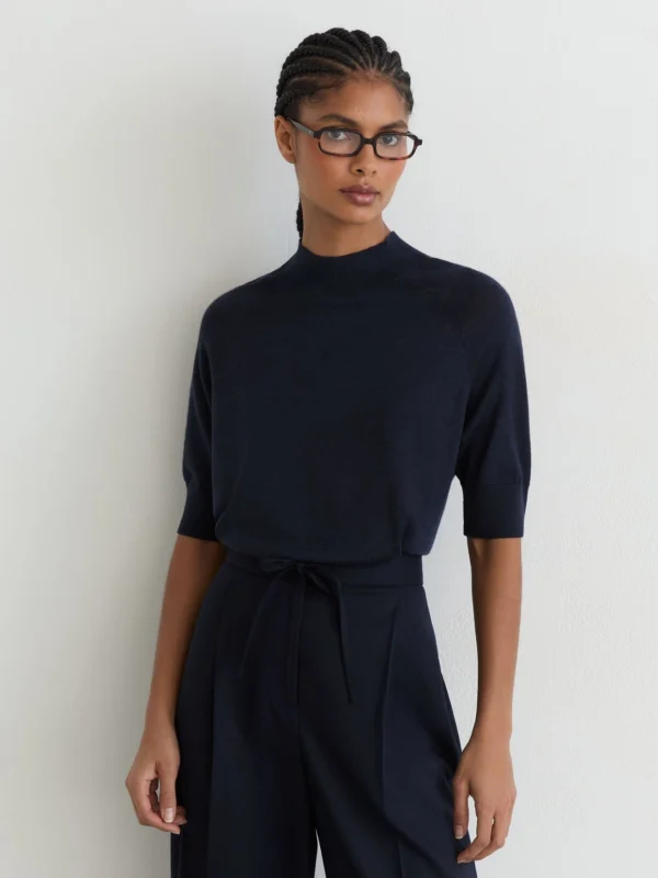 Reiss Navy Ultra-soft Merino Wool Funnel-neck Top