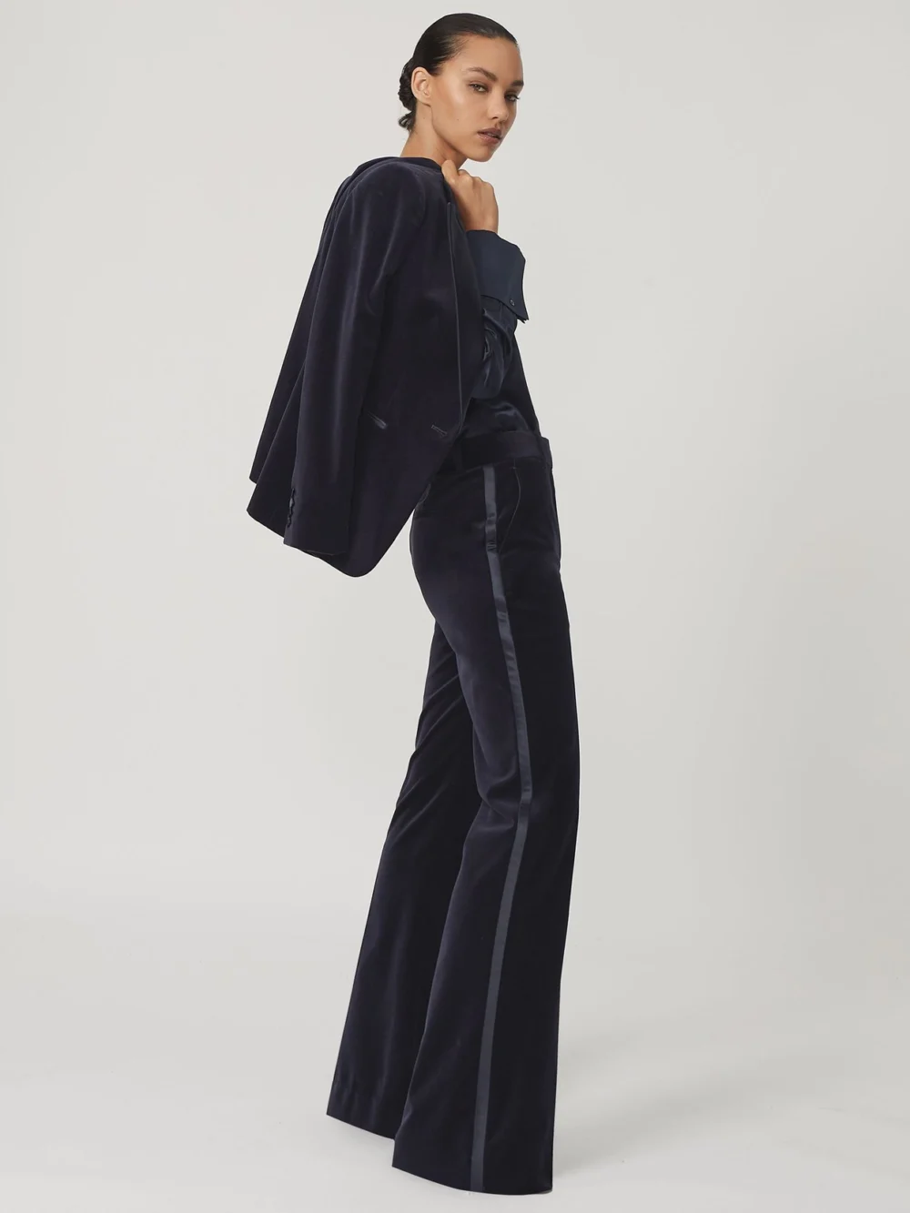 Reiss Navy Velvet Satin-stripe Flared Trousers