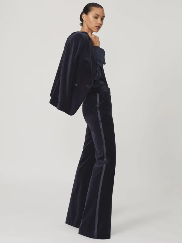 Reiss Navy Velvet Satin-stripe Flared Trousers