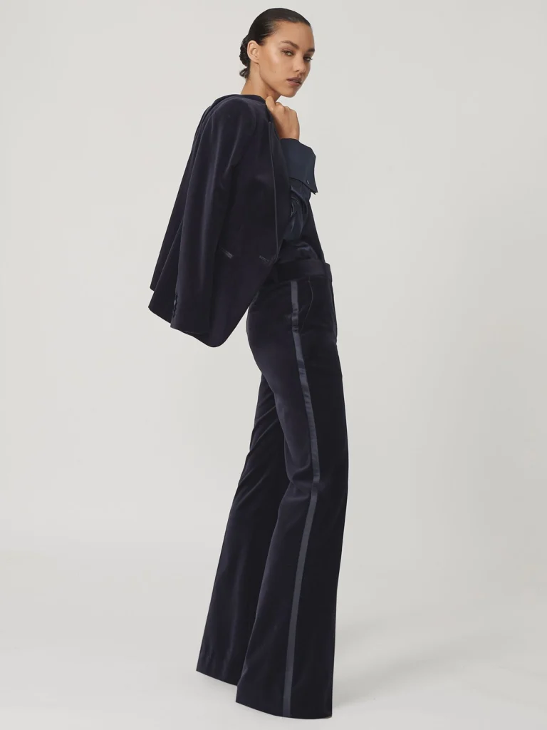 Reiss Navy Velvet Satin-stripe Flared Trousers