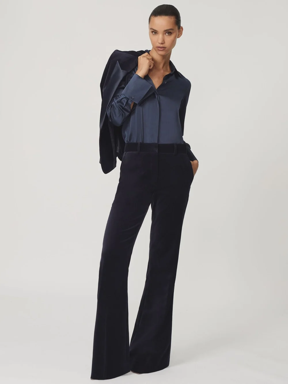 Reiss Navy Velvet Satin-stripe Flared Trousers, view 3