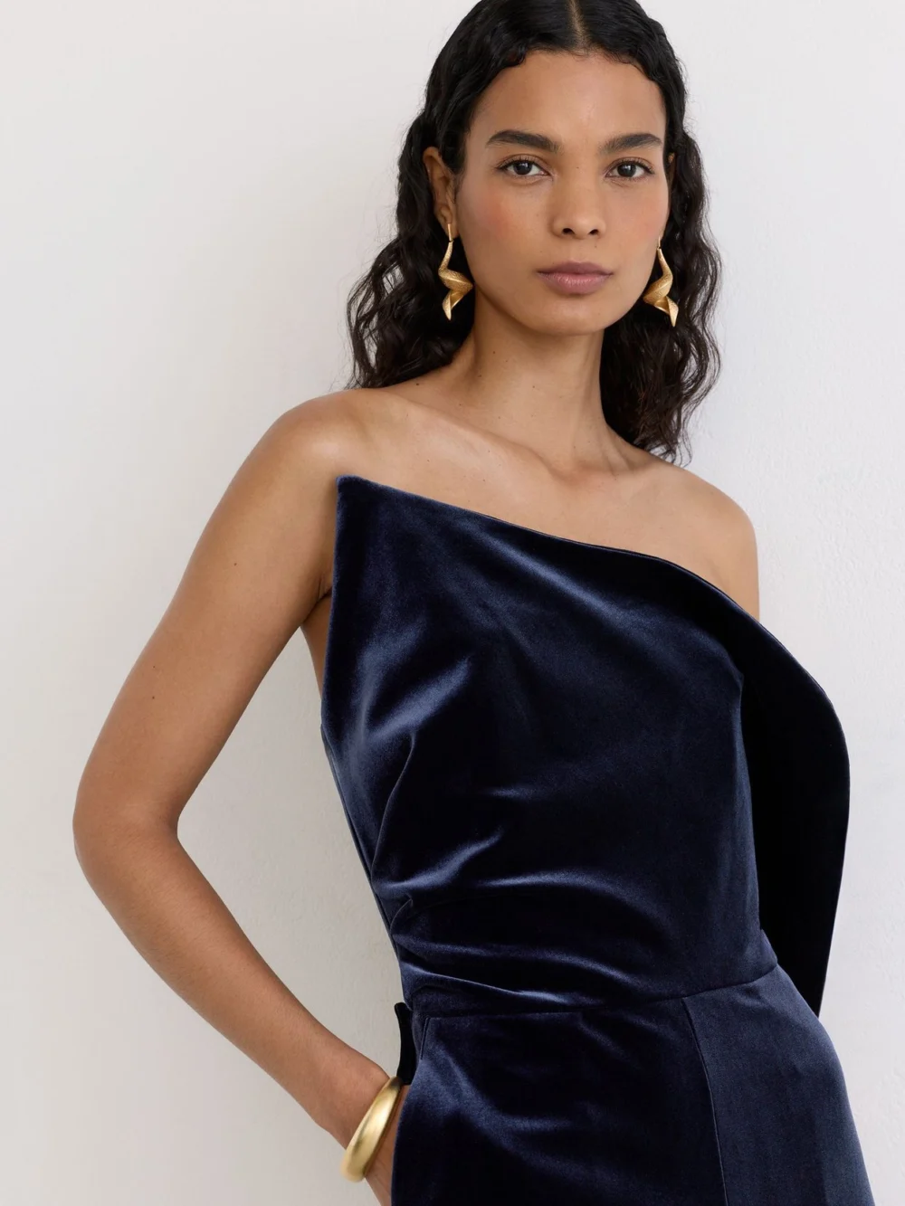 Reiss Navy Velvet Structured Strapless Wide-leg Jumpsuit, view 3