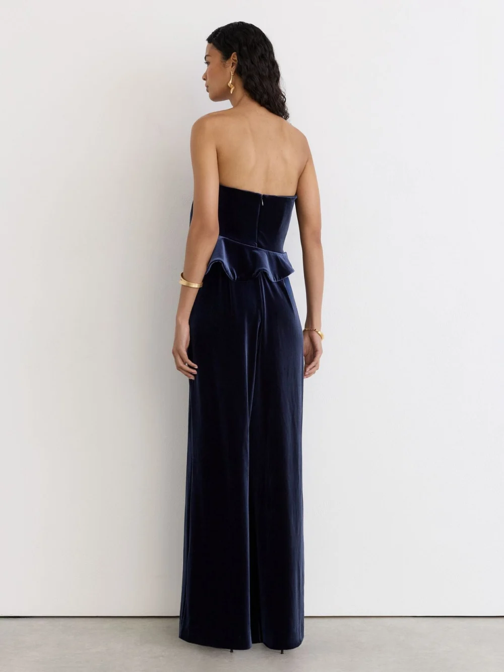 Reiss Navy Velvet Structured Strapless Wide-leg Jumpsuit, view 4