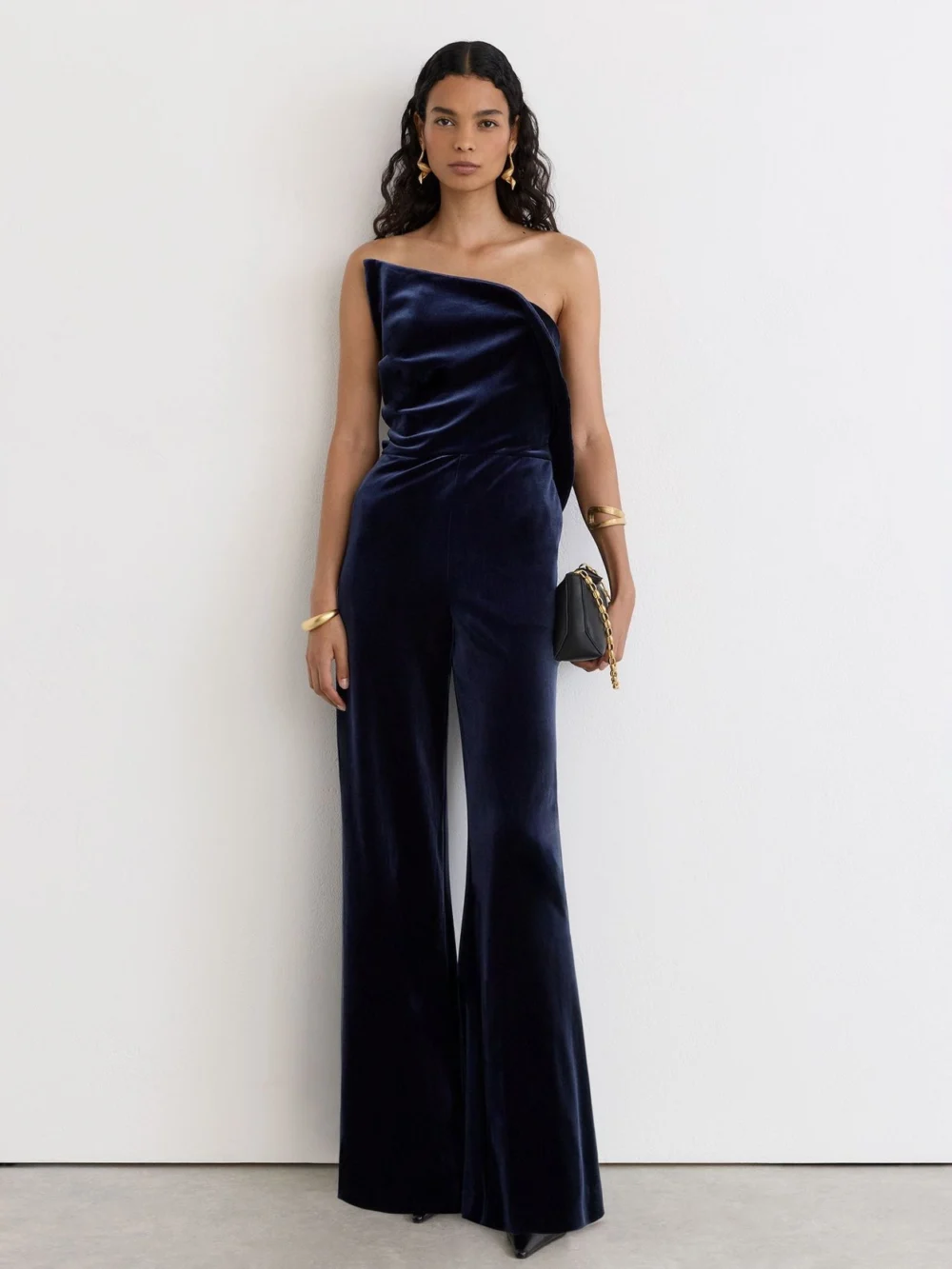 Reiss Navy Velvet Structured Strapless Wide-leg Jumpsuit, view 5
