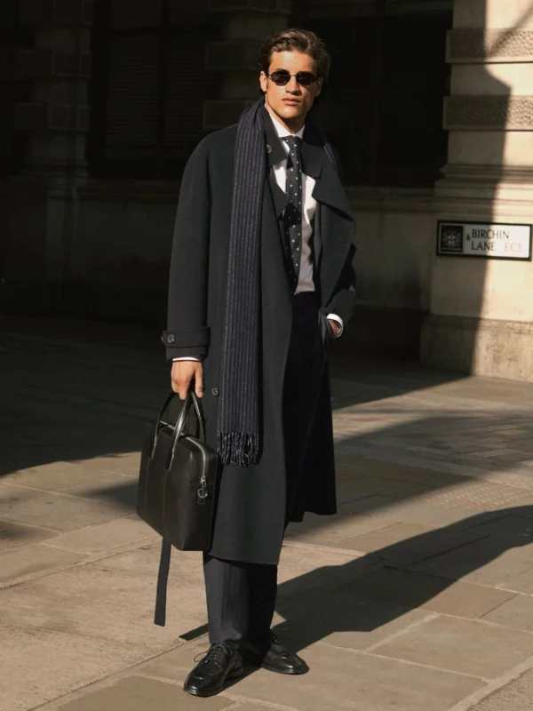 Reiss Navy Wool-blend Blindseam Belted Overcoat