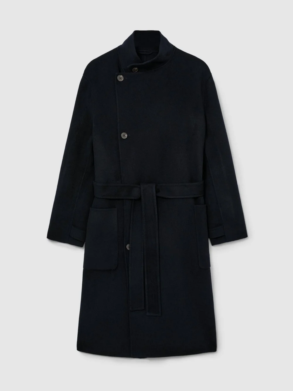 Reiss Navy Wool-blend Blindseam Belted Overcoat, view 3