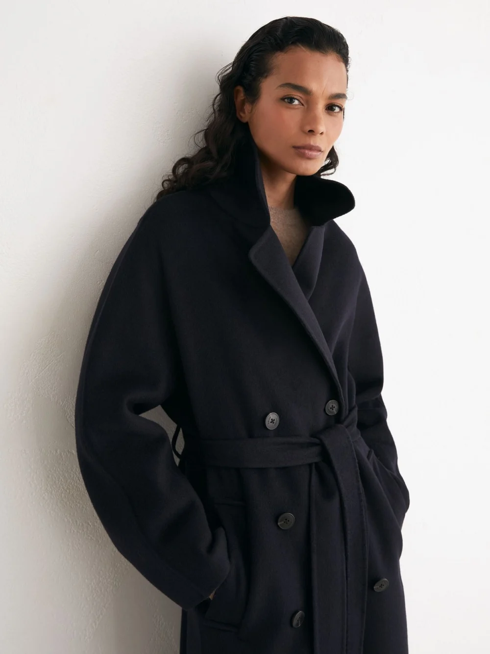 Reiss Navy Wool-blend Blindseam Double-breasted Coat, view 4