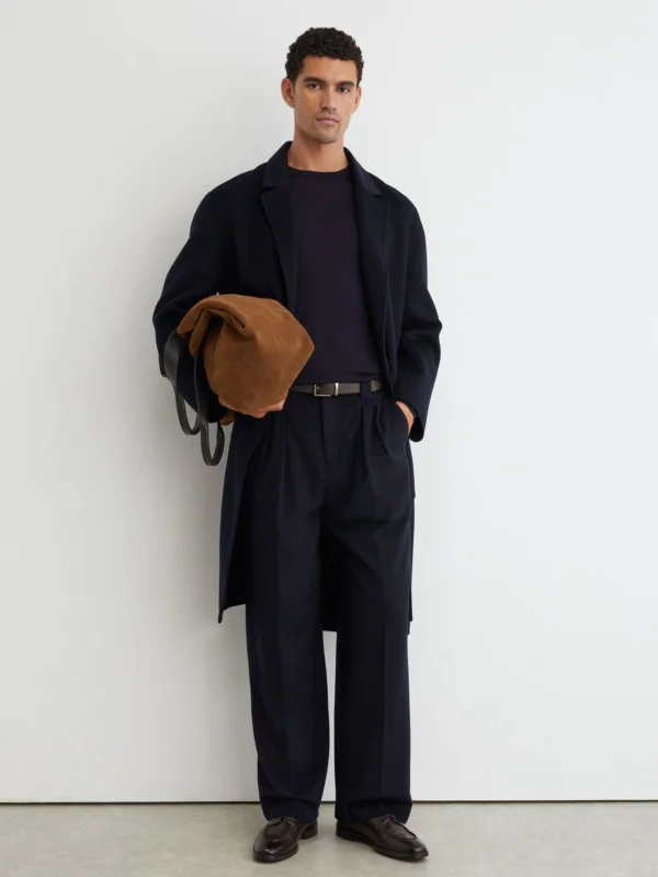 Reiss Navy Wool-blend Flannel Relaxed-fit Pleated Trousers