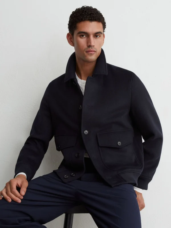 Reiss Navy Wool-blend Flap-pocket Bomber Jacket
