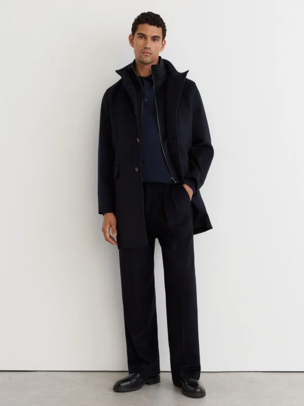 Reiss Navy Wool-blend Gilet-insert Single-breasted Coat