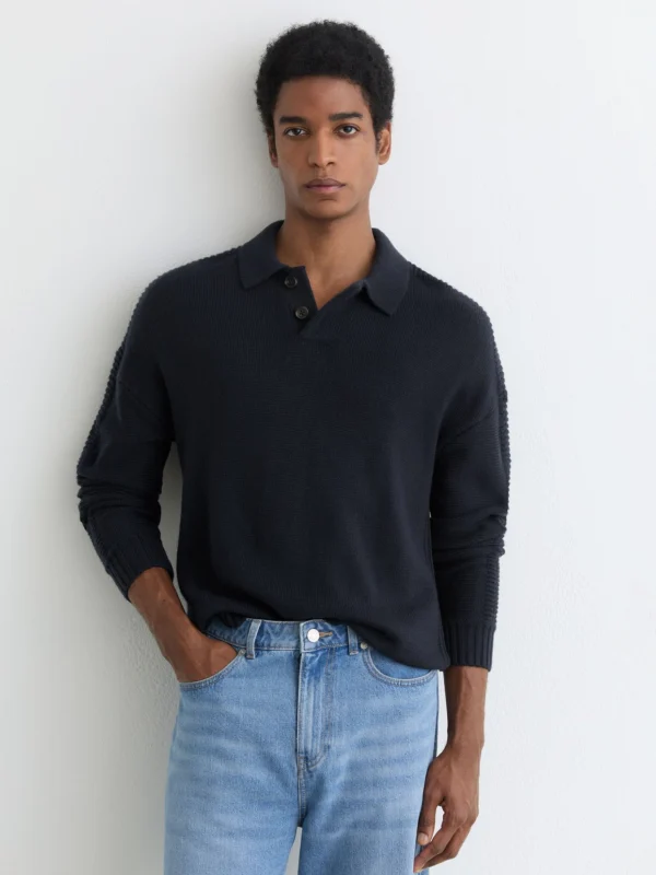 Reiss Navy Wool-blend Half-button Polo Jumper