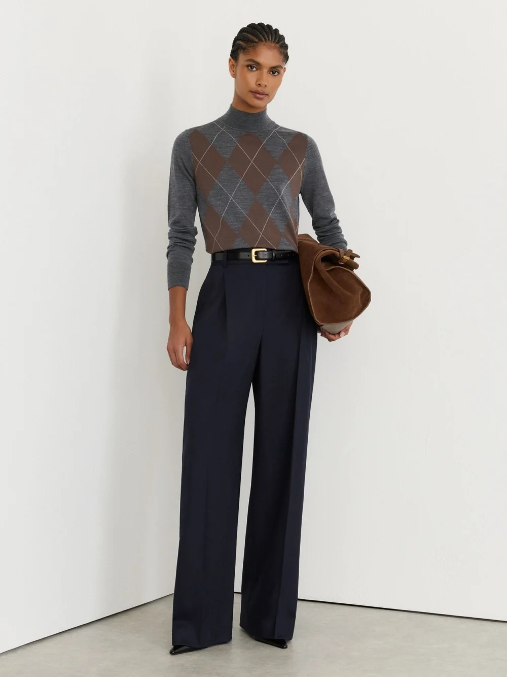 Reiss Navy Wool-blend Wide-leg Pleated Trousers, view 5