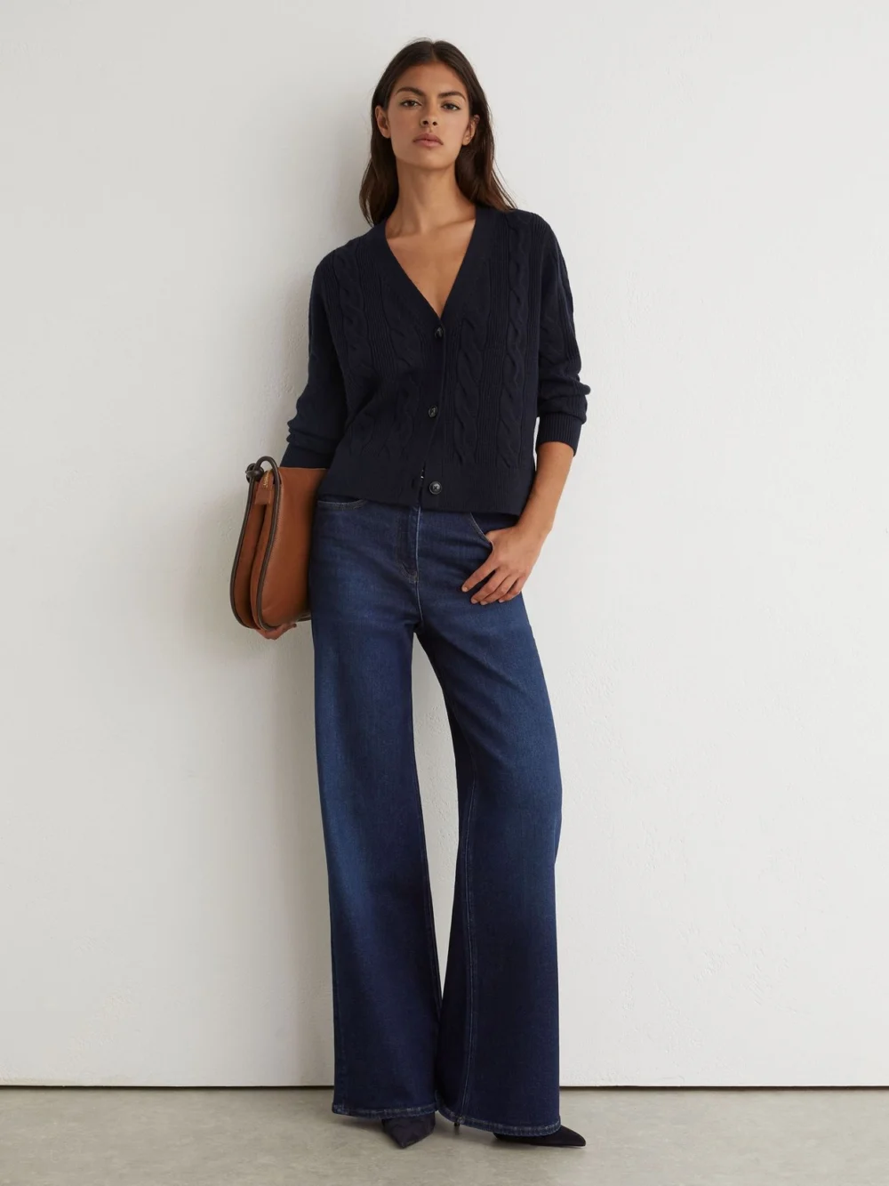 Reiss Navy Wool-cashmere Cable-knit Cardigan, view 3