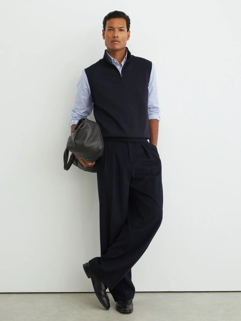Reiss Navy Wool Half-zip Funnel-neck Vest