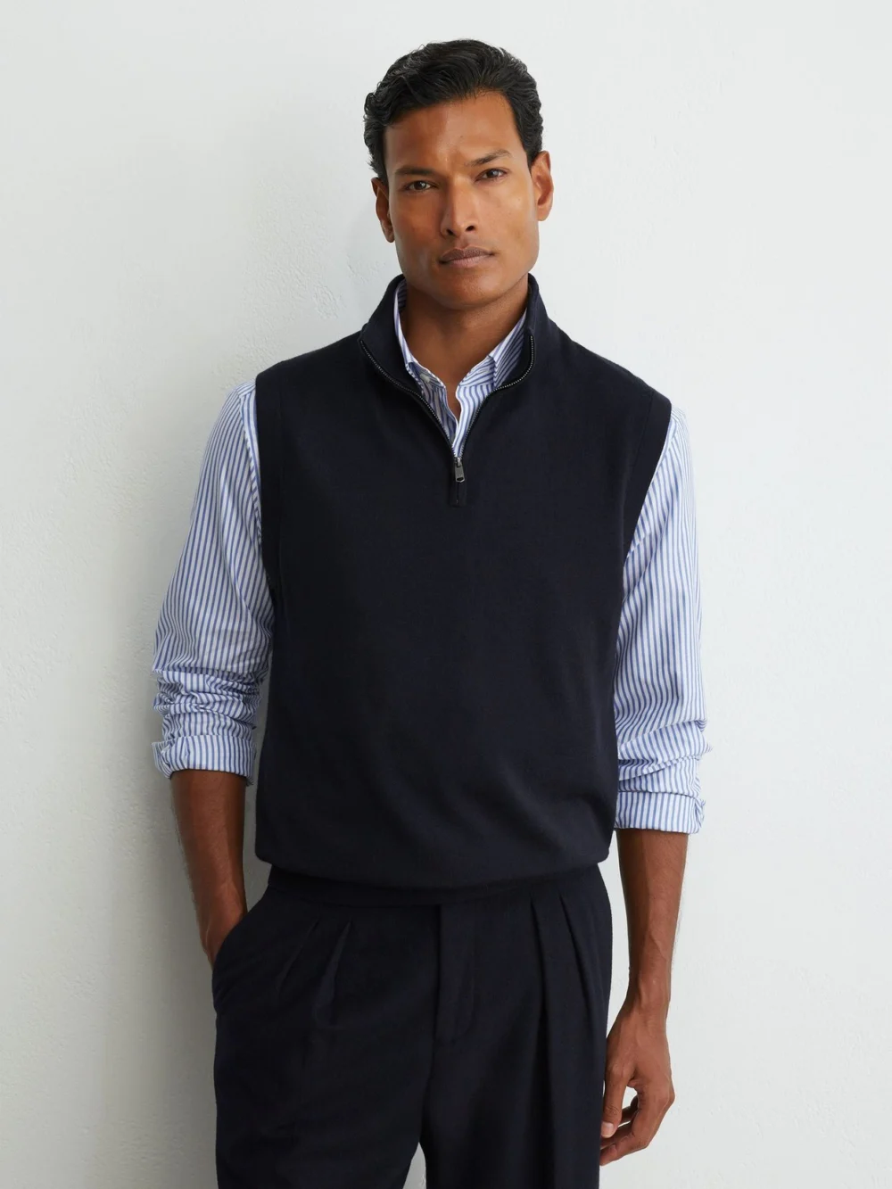 Reiss Navy Wool Half-zip Funnel-neck Vest, view 3