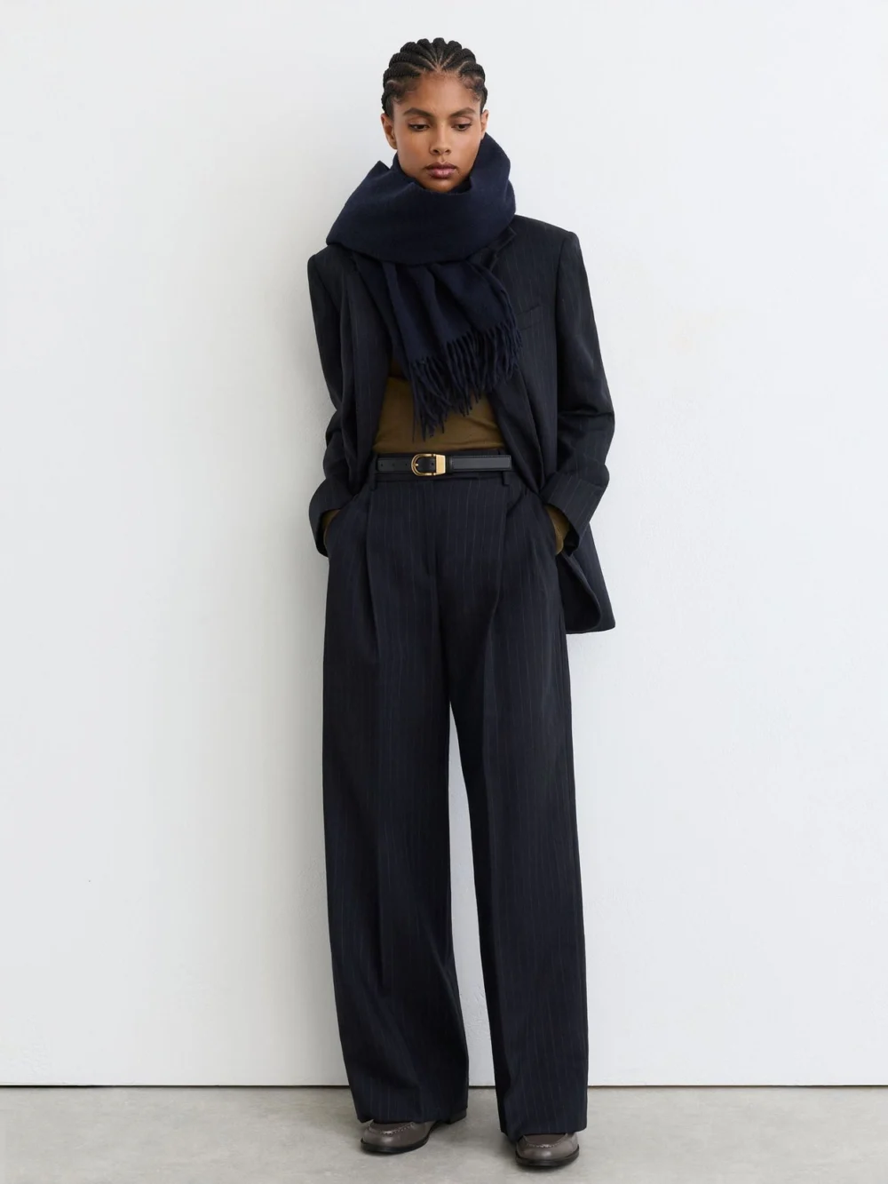 Reiss Navy Wool Pinstripe Wide-leg Suit Trousers