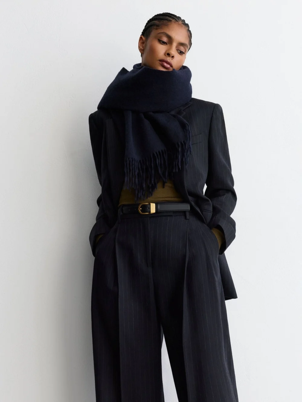 Reiss Navy Wool Pinstripe Wide-leg Suit Trousers, view 4