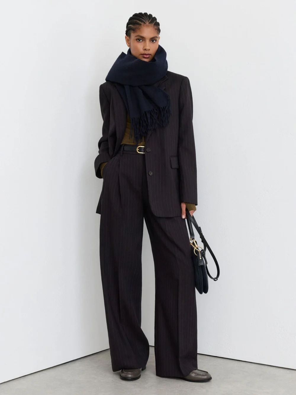 Reiss Navy Wool Pinstripe Wide-leg Suit Trousers, view 5