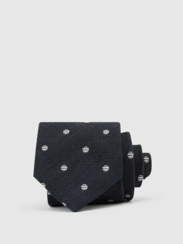 Reiss Navy Wool-silk Textured Polka-dot Tie,