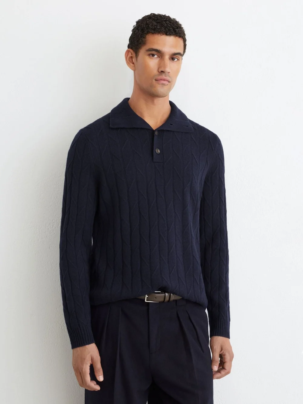 Reiss Navy Wool Stitch-detail Half-button Jumper