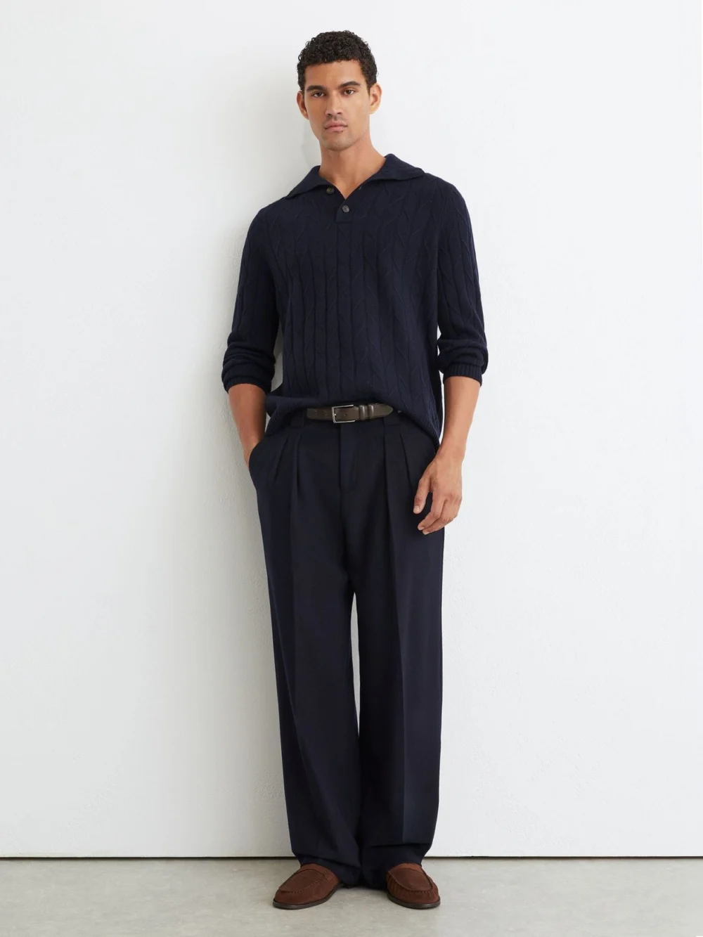 Reiss Navy Wool Stitch-detail Half-button Jumper, view 3