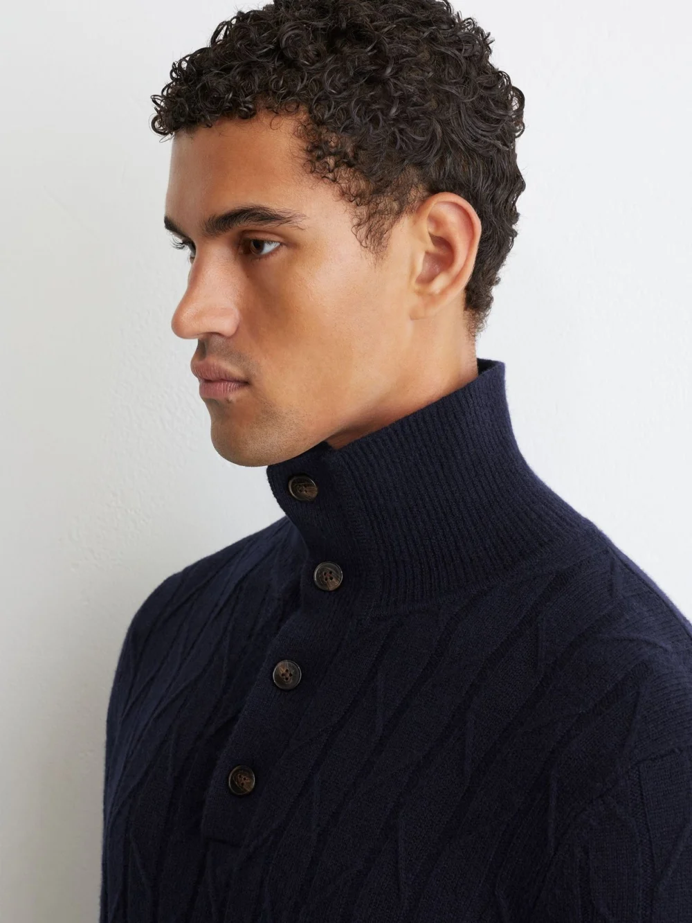 Reiss Navy Wool Stitch-detail Half-button Jumper, view 4