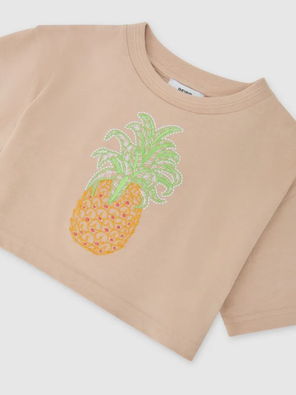 Reiss Neutral 13-14 yrs Cotton Embroidered Cropped T-shirt,