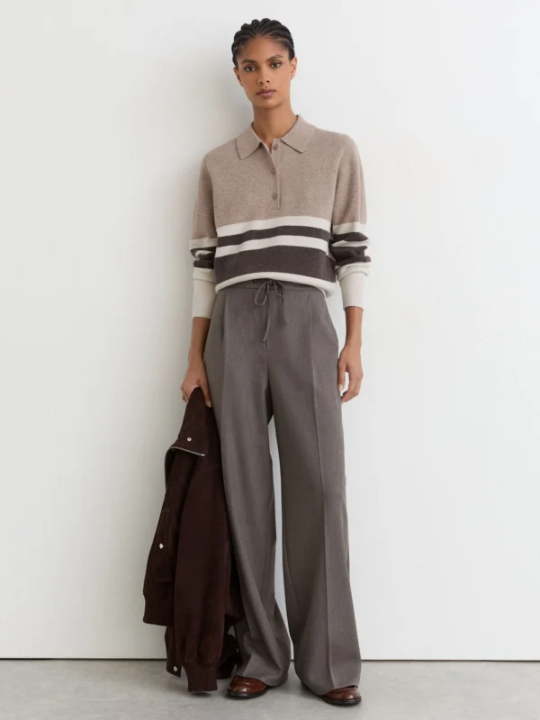 Reiss Neutral & chocolate Brown Wool-blend Rugby-stripe Polo Top with Cashmere