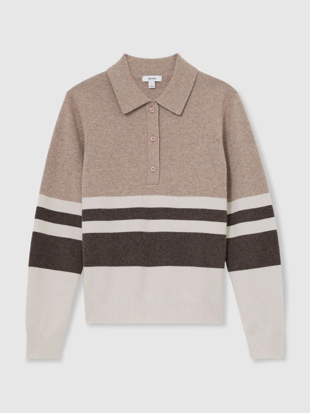 Reiss Neutral & chocolate Brown Wool-blend Rugby-stripe Polo Top with Cashmere, view 2