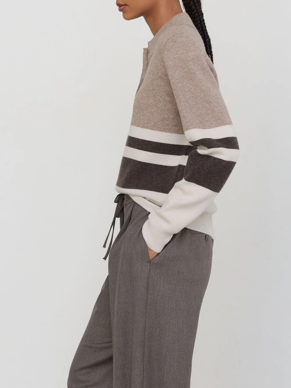 Reiss Neutral & chocolate Brown Wool-blend Rugby-stripe Polo Top with Cashmere, view 4