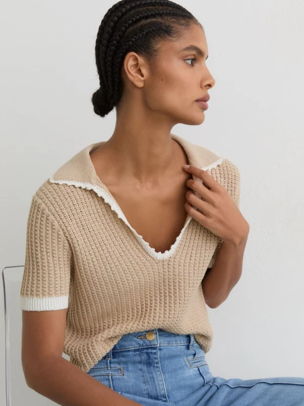 Reiss Neutral & White Cotton-linen Textured-knit Top