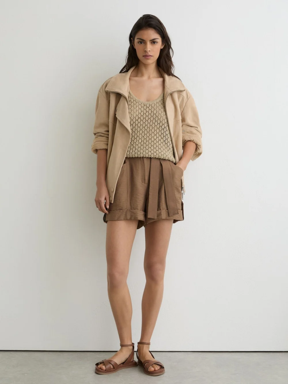 Reiss Neutral Belted Button-tab Shorts, view 4