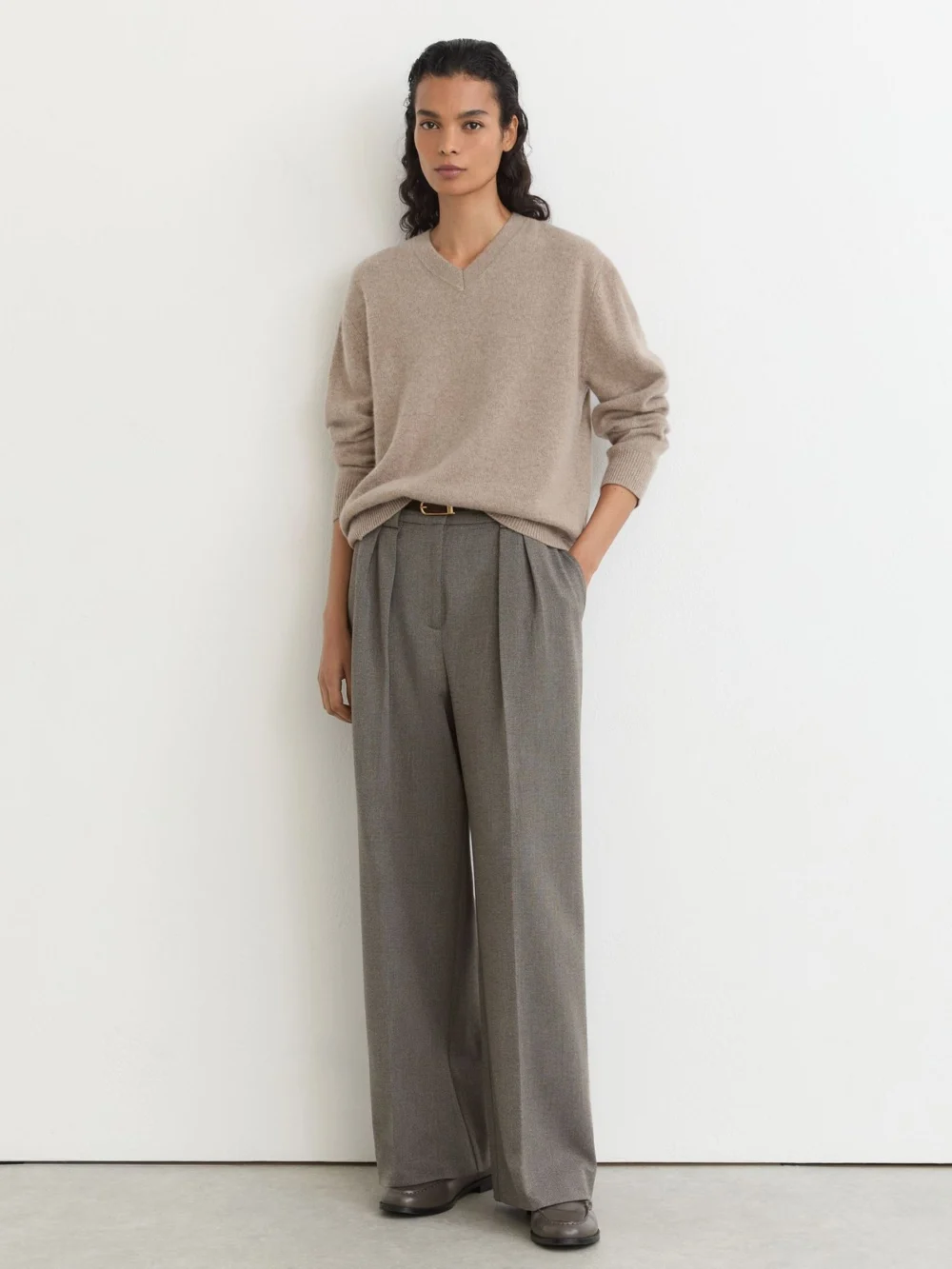Reiss Neutral Cashmere V-neck Jumper, view 4