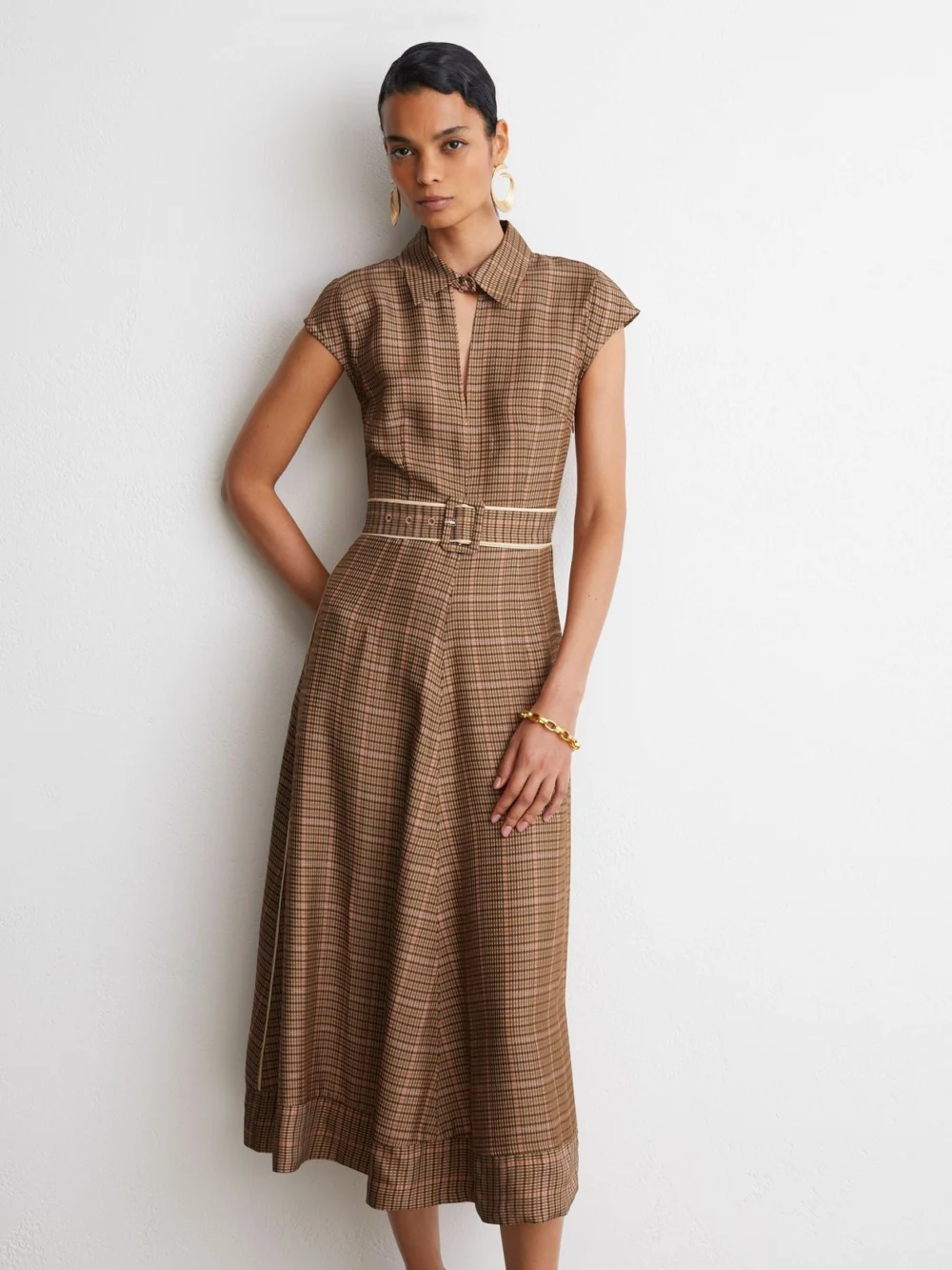 Reiss Neutral Check Collared Belted Midi Dress