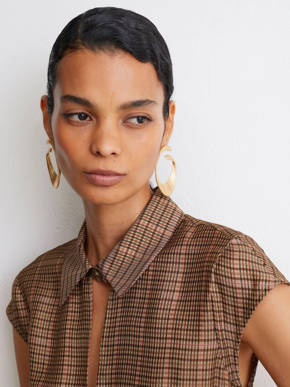 Reiss Neutral Check Collared Belted Midi Dress, view 3