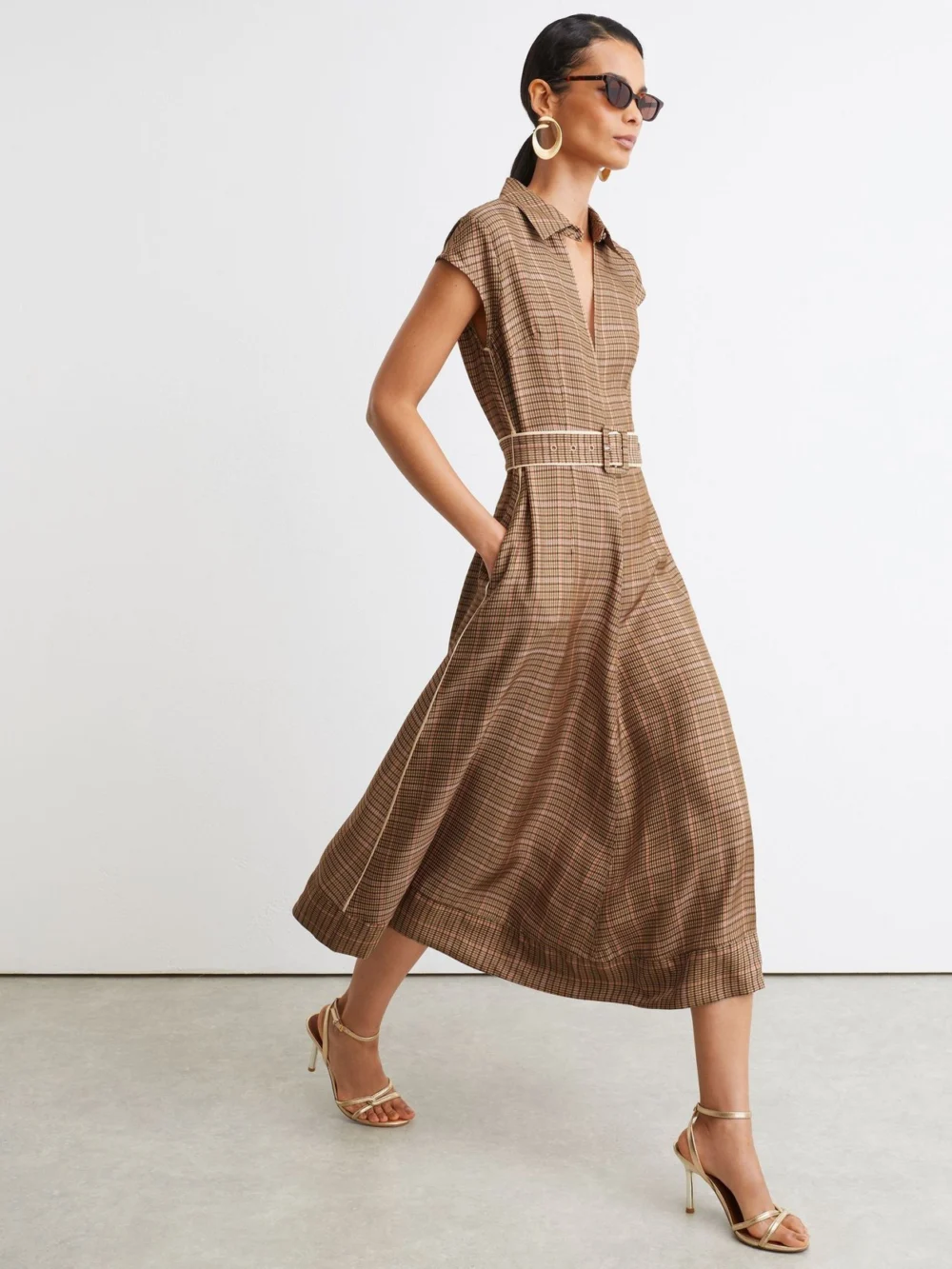 Reiss Neutral Check Collared Belted Midi Dress, view 4
