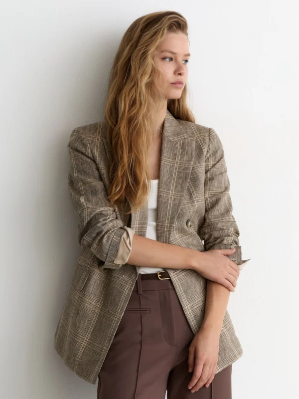 Reiss Neutral Check Linen Double-breasted Blazer