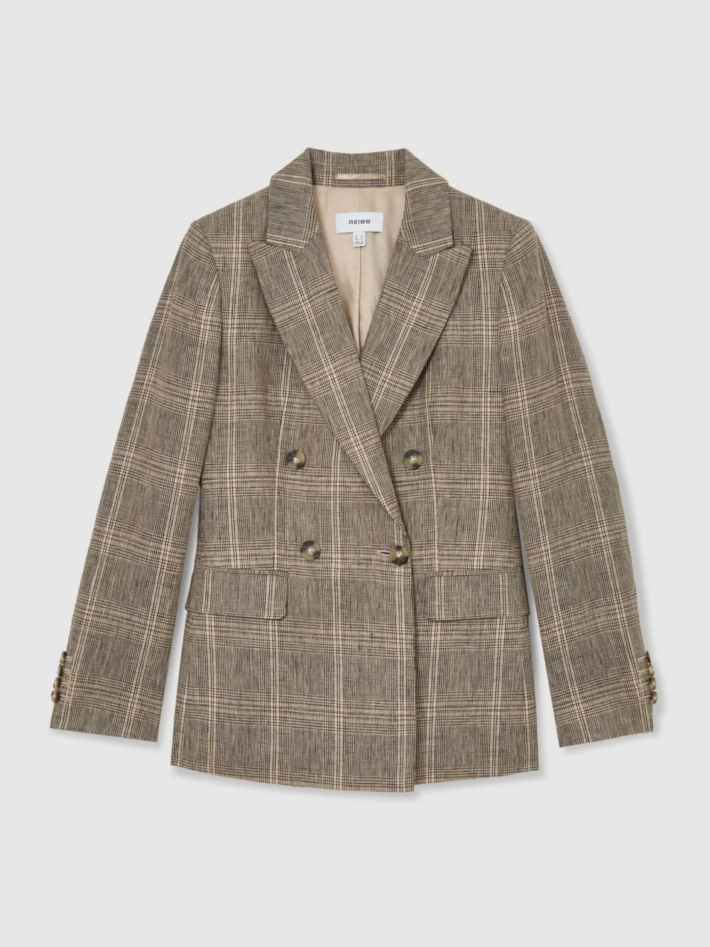Reiss Neutral Check Linen Double-breasted Blazer, view 2