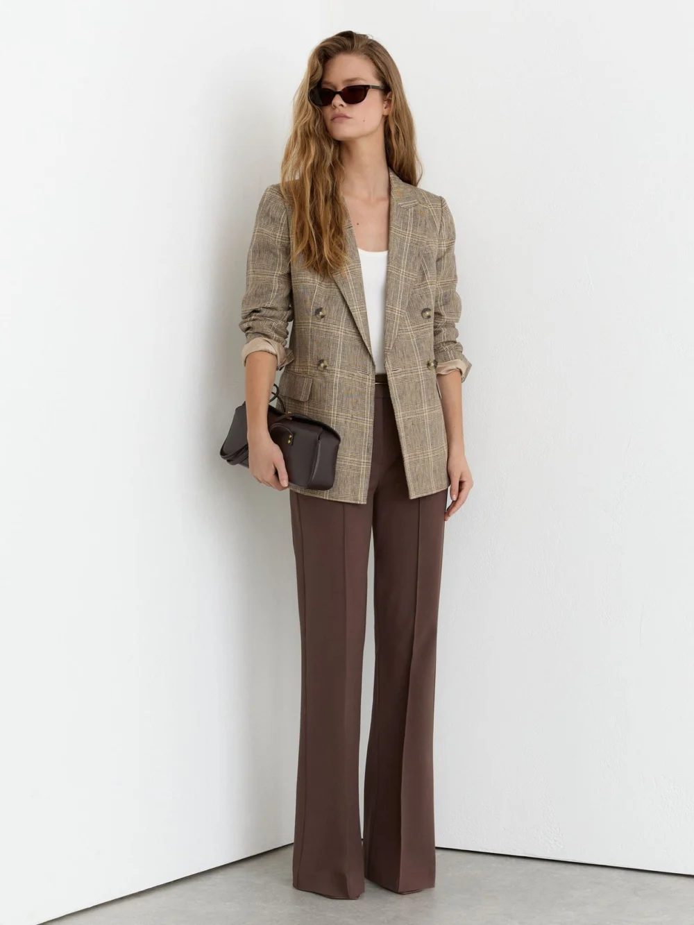 Reiss Neutral Check Linen Double-breasted Blazer, view 5
