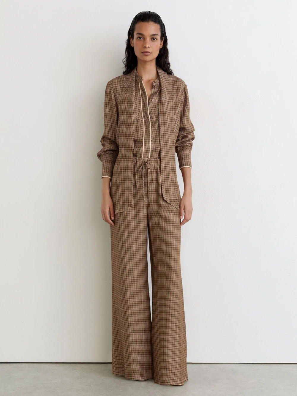 Reiss Neutral Check Tie-neck Blouse, view 4