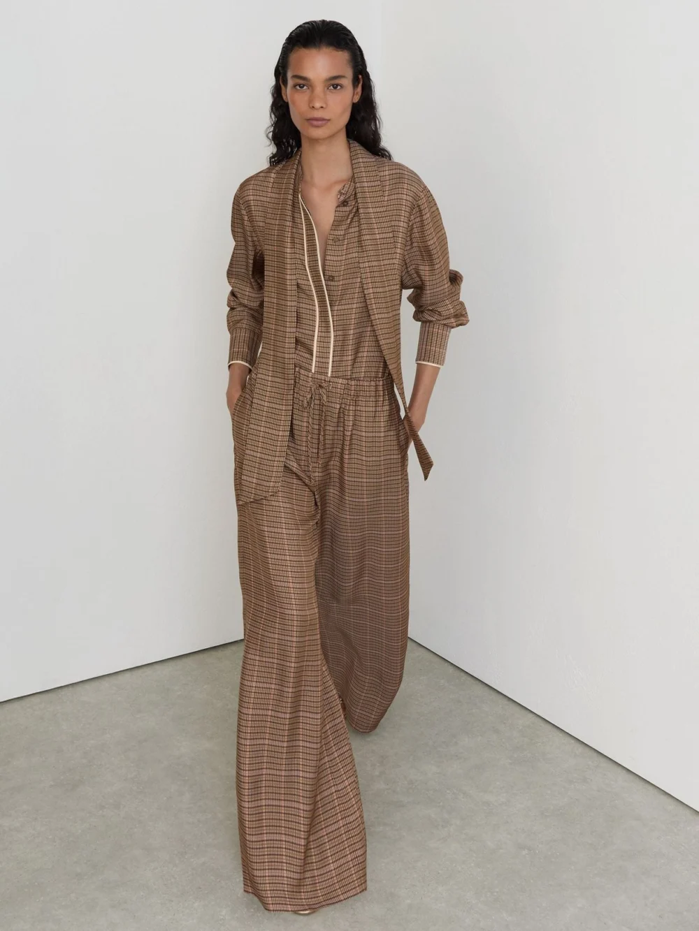 Reiss Neutral Check Wide-leg Trousers, view 5