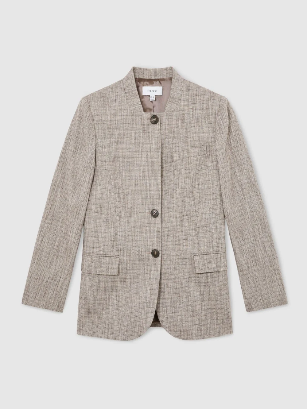 Reiss Neutral Check Wool-blend Collarless Blazer, view 2
