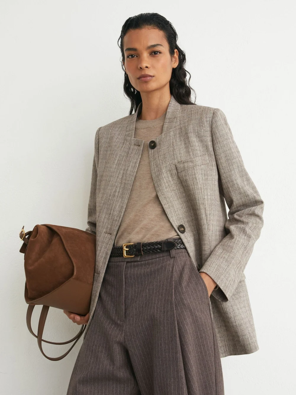 Reiss Neutral Check Wool-blend Collarless Blazer, view 3