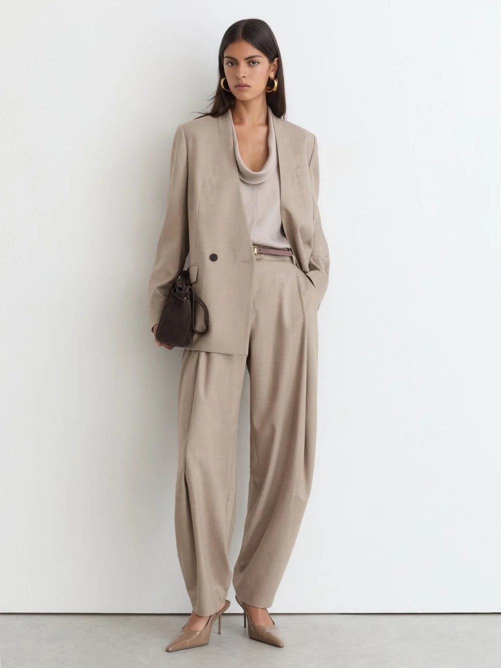 Reiss Neutral Collarless Double-breasted Suit Blazer Wool-blend